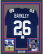 Framed Autographed/Signed Saquon Barkley 35x39 New York Blue Football Jersey Beckett BAS COA