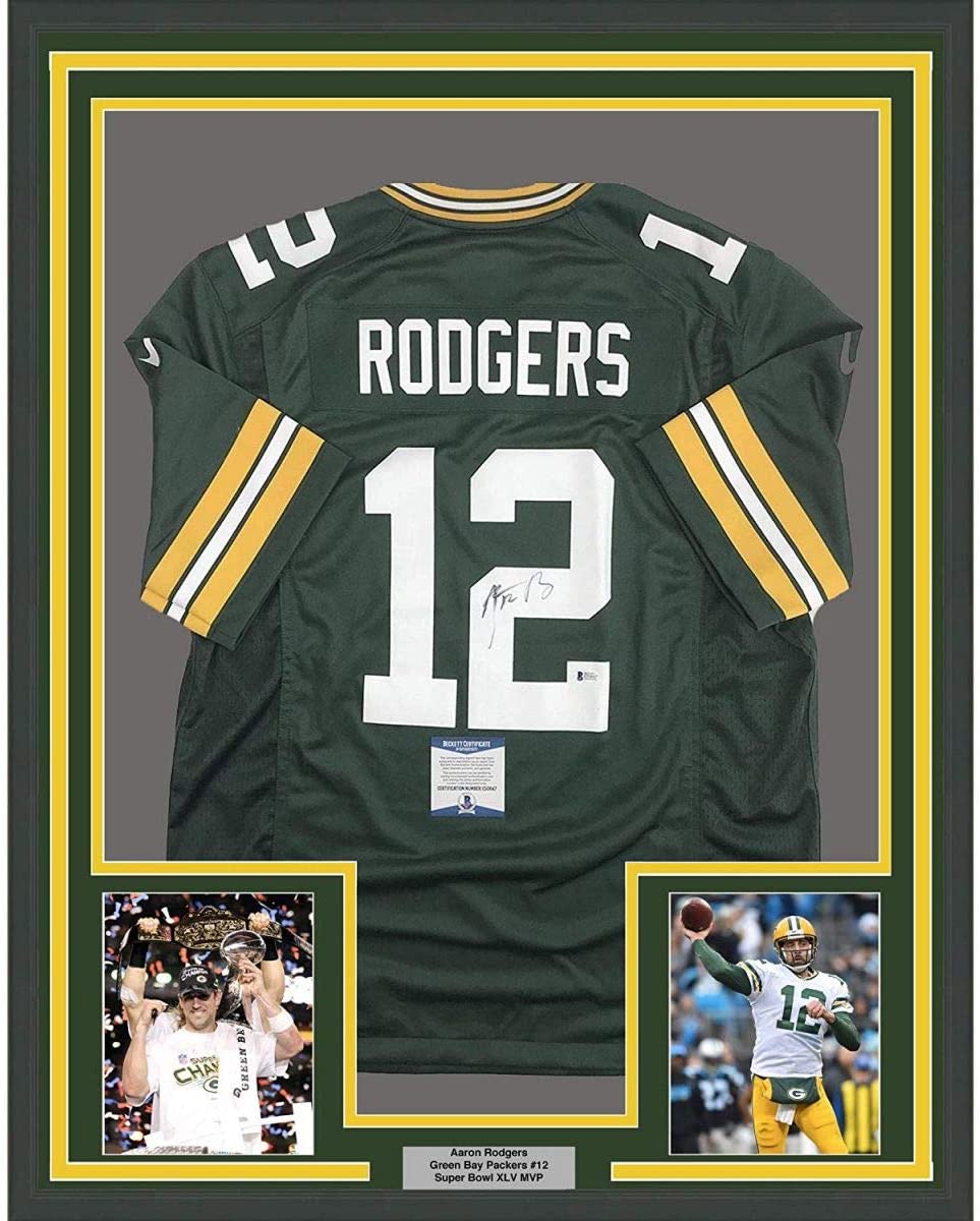 Framed Autographed/Signed Aaron Rodgers 35x39 Green Bay Green Football Jersey Beckett BAS COA