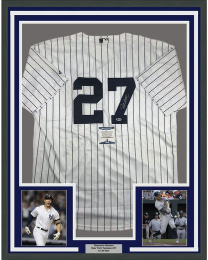 Framed Autographed/Signed Giancarlo Stanton 35x39 New York Pinstripe Baseball Jersey Beckett BAS COA