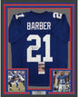 Framed Autographed/Signed Tiki Barber 35x39 New York Blue Football Jersey JSA COA