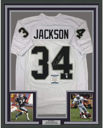 Framed Autographed/Signed Bo Jackson 35x39 Oakland White Football Jersey Beckett BAS COA
