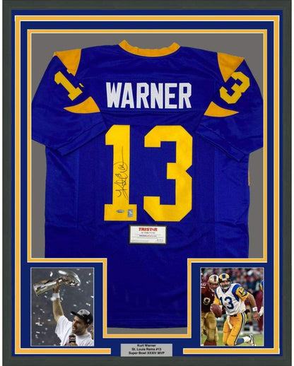 Framed Autographed/Signed Kurt Warner 35x39 St. Louis Blue Football Jersey Tristar COA