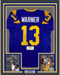 Framed Autographed/Signed Kurt Warner 35x39 St. Louis Blue Football Jersey Tristar COA