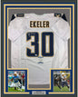 Framed Autographed/Signed Austin Ekeler 35x39 Los Angeles LA White Football Jersey Beckett BAS COA