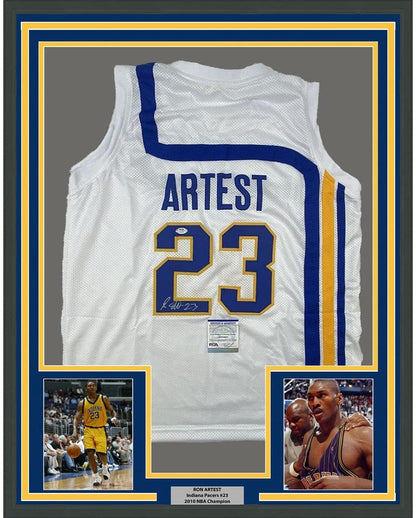 Framed Autographed/Signed Ron Artest Metta World Peace 35x39 Indiana White Basketball Jersey PSA/DNA COA