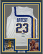 Framed Autographed/Signed Ron Artest Metta World Peace 35x39 Indiana White Basketball Jersey PSA/DNA COA