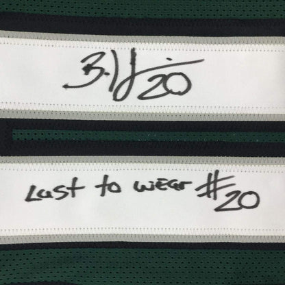 Framed Autographed/Signed Brian Dawkins 35x39 Inscribed Last To Wear #20 Philadelphia Green Football Jersey JSA COA