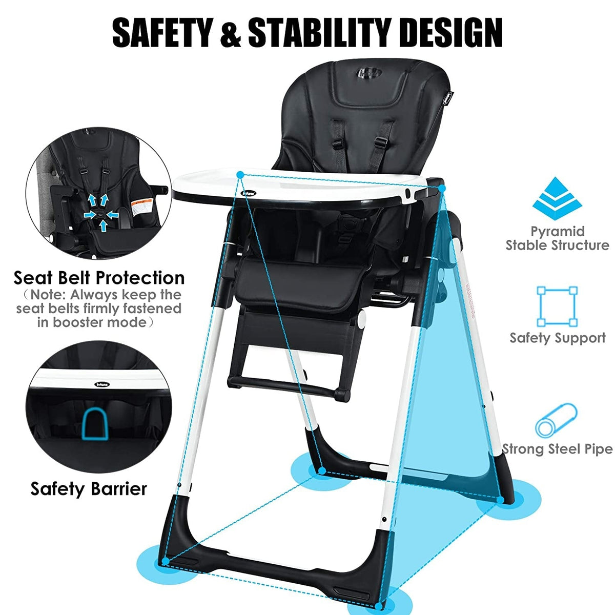 4-in-1 High Chair–Booster Seat with Adjustable Height and Recline-Black