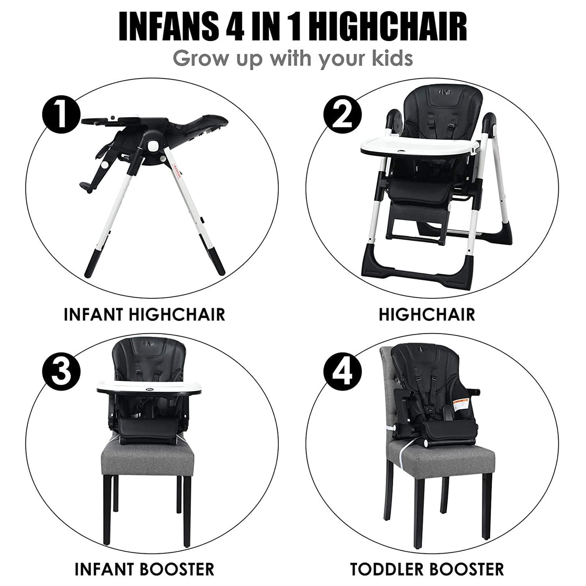4-in-1 High Chair–Booster Seat with Adjustable Height and Recline-Black