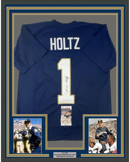 Framed Autographed/Signed Lou Holtz 35x39 Notre Dame Blue College Football Jersey JSA COA