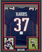 Framed Autographed/Signed Damien Harris 35x39 New England Blue Football Jersey Beckett BAS COA