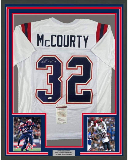 Framed Autographed/Signed Devin McCourty 35x39 New England White Football Jersey JSA COA