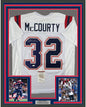 Framed Autographed/Signed Devin McCourty 35x39 New England White Football Jersey JSA COA