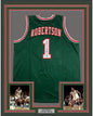 Framed Autographed/Signed Oscar Robertson 71 Champs 35x39 Milwaukee Green Basketball Jersey JSA COA