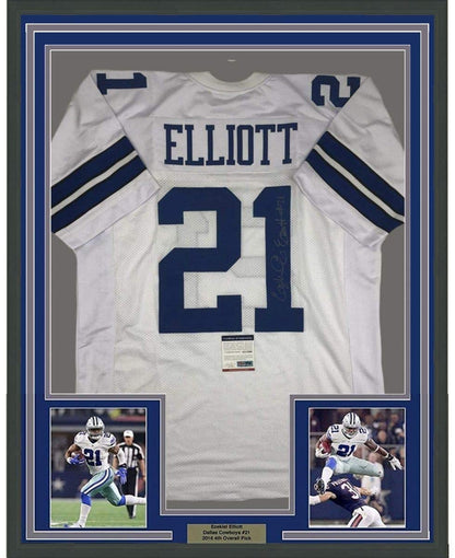 Framed Autographed/Signed Ezekiel Elliott 35x39 Dallas White Football Jersey PSA/DNA COA
