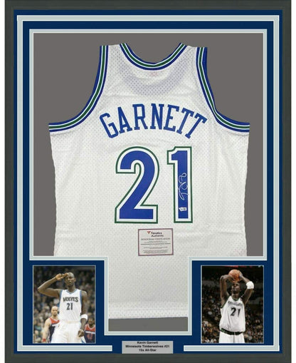 Framed Autographed/Signed Kevin Garnett 35x39 Minnesota Timberwolves White Authentic Mitchell & Ness Basketball Jersey Fanatics COA