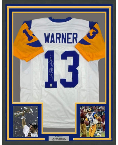 Framed Autographed/Signed Kurt Warner 35x39 St. Louis White Football Jersey GTSM COA