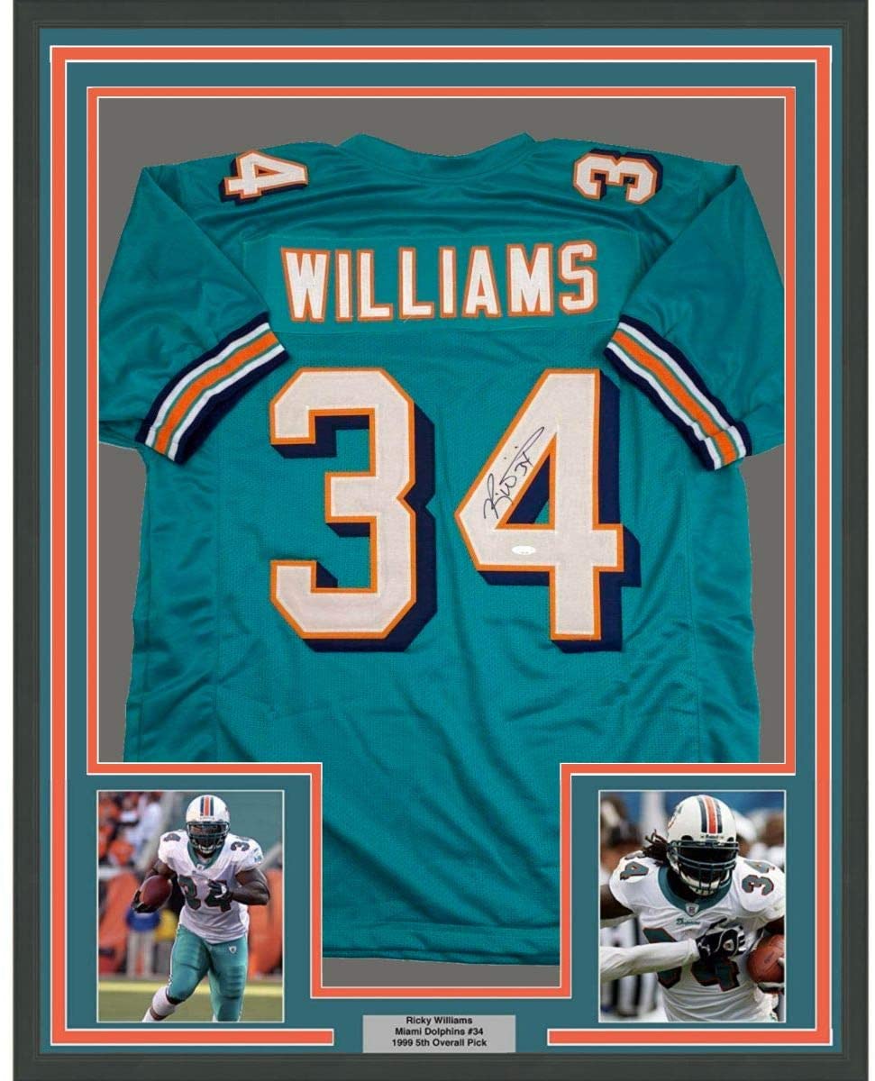Framed Autographed/Signed Ricky Williams 35x39 Miami Teal Football Jersey Tristar COA Holo