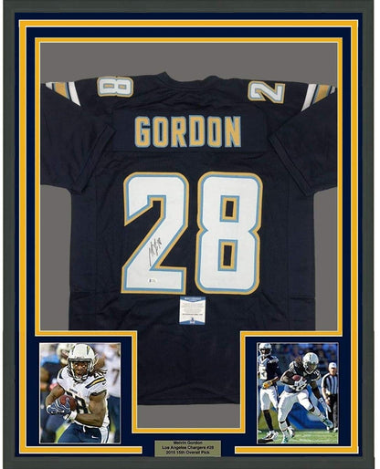 Framed Autographed/Signed Melvin Gordon 35x39 Los Angeles LA Chargers Dark Blue Football Jersey Beckett BAS COA