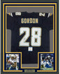 Framed Autographed/Signed Melvin Gordon 35x39 Los Angeles LA Chargers Dark Blue Football Jersey Beckett BAS COA