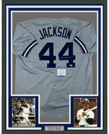 Framed Autographed/Signed Reggie Jackson 35x39 New York Grey Baseball Jersey Beckett BAS COA