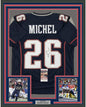 Framed Autographed/Signed Sony Michel 35x39 New England Blue Football Jersey JSA COA