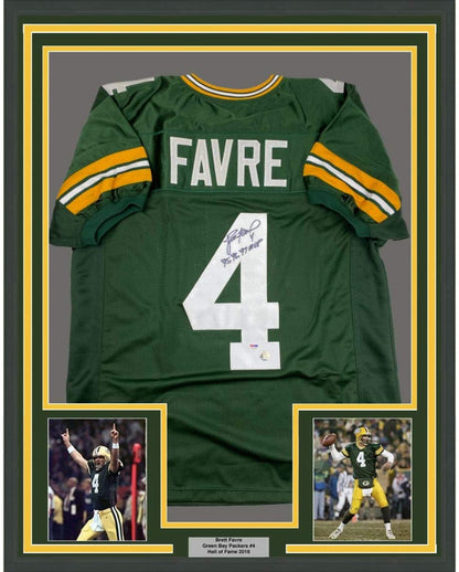 Framed Autographed/Signed Brett Favre 95 96 97 MVP 35x39 Green Bay Green Football Jersey PSA/DNA COA