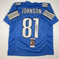 Autographed/Signed Calvin Johnson Detroit Blue Football Jersey JSA COA
