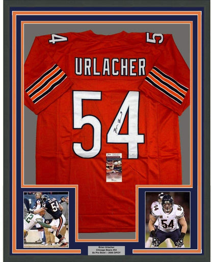 Framed Autographed/Signed Brian Urlacher 35x39 Chicago Bears Orange Football Jersey JSA COA