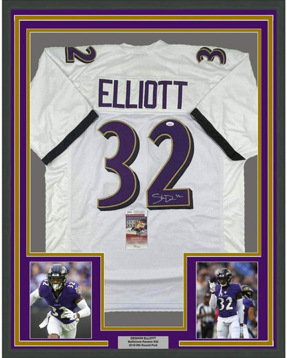 Framed Autographed/Signed DeShon Elliott 35x39 Baltimore White Football Jersey JSA COA