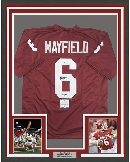 Framed Autographed/Signed Baker Mayfield 17 HT  35x39 Oklahoma Sooners Crimson Red College Football Jersey JSA COA