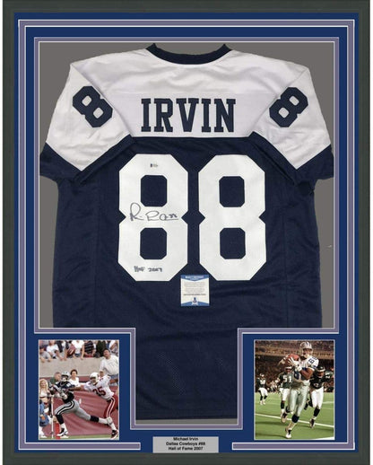 Framed Autographed/Signed Michael Irvin Dallas HOF 2007 35x39 Thanksgiving Day Blue Football Jersey Beckett BAS COA