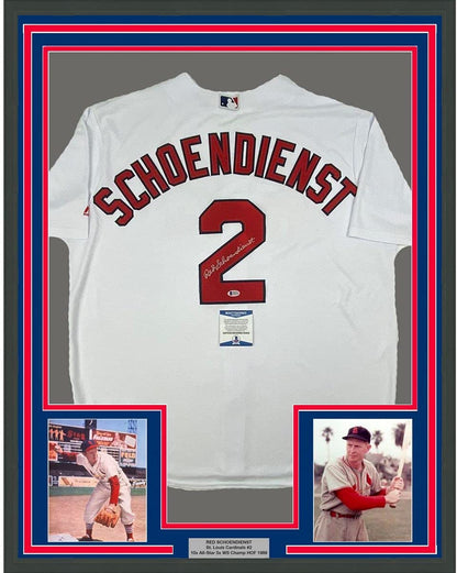 Framed Autographed/Signed Red Schoendienst 35x39 St. Louis White Baseball Jersey Beckett BAS COA
