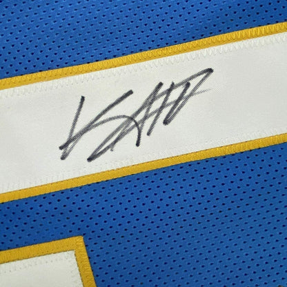 Framed Autographed/Signed Keenan Allen 35x39 Los Angeles LA 2020 Powder Blue Football Jersey JSA COA