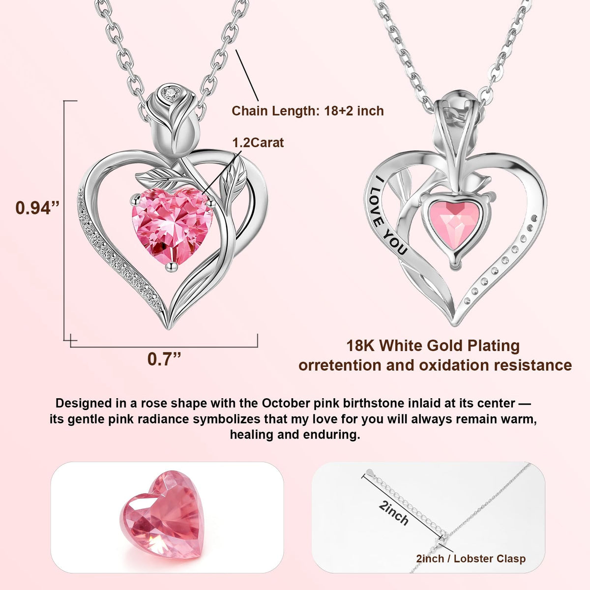 Women's Heart Pendant Necklace – 1.2CT Moissanite or Lab-Grown Sapphire, Ruby & Emerald