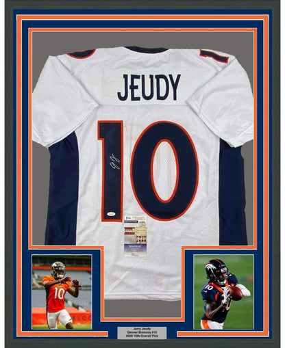 Framed Autographed/Signed Jerry Jeudy 35x39 Denver White Football Jersey JSA COA