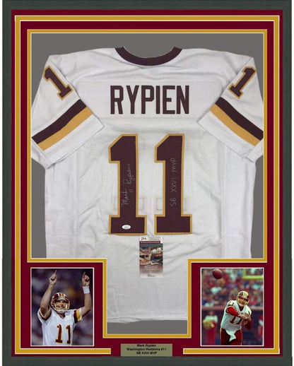 Framed Autographed/Signed Mark Rypien SB XXVI MVP 35x39 Washington White Football Jersey JSA COA