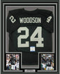 Framed Autographed/Signed Charles Woodson 35x39 Oakland Black Football Jersey Beckett BAS COA