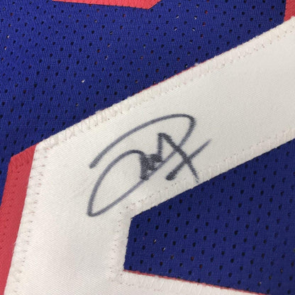 Framed Autographed/Signed Joel Embiid 35x39 Philadelphia Blue Basketball Jersey JSA COA