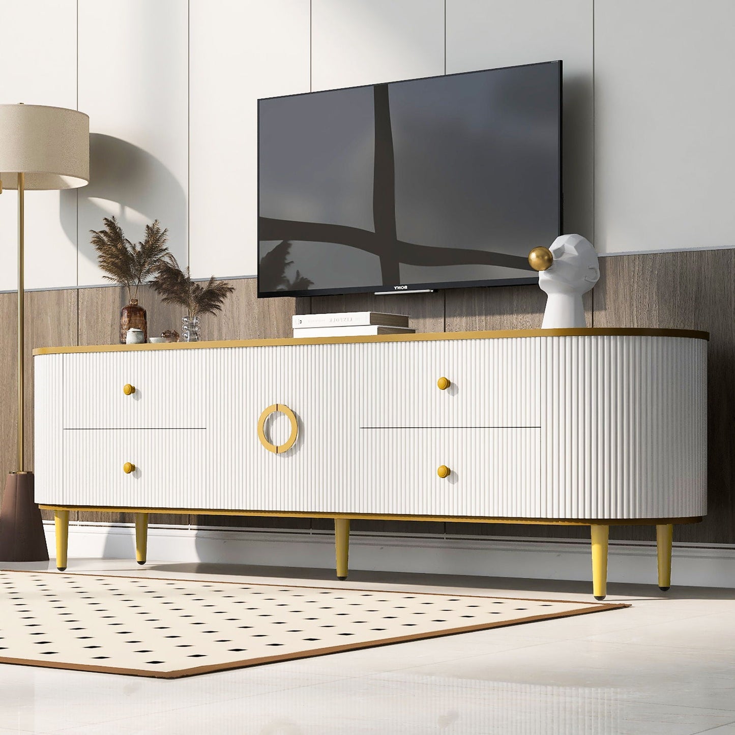 Modern TV Stand For TVs Up To 80", Entertainment Center With 4 Drawers And 1 Cabinet, Wood TV Console Table With And Handles For Living Room - White