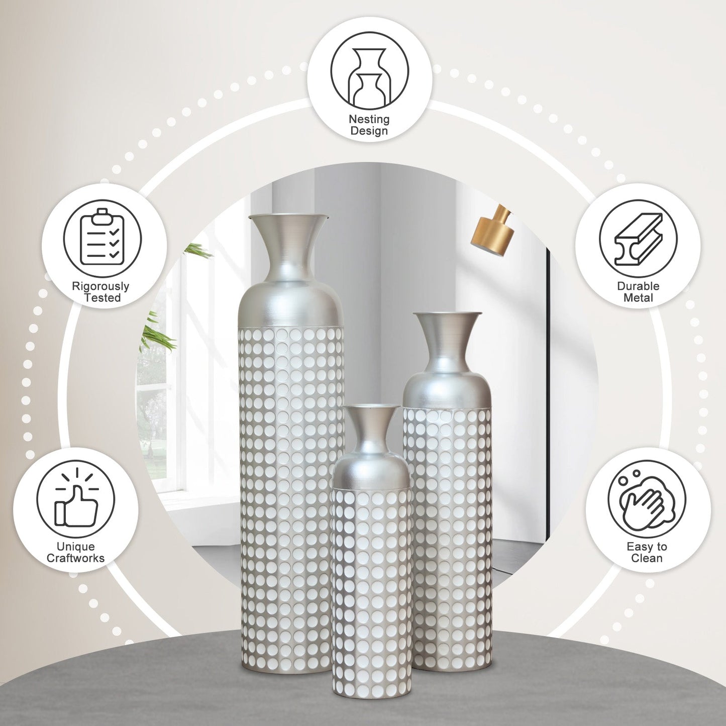 3 Pack Semi-Handcrafted Gold Metal Vase Collection