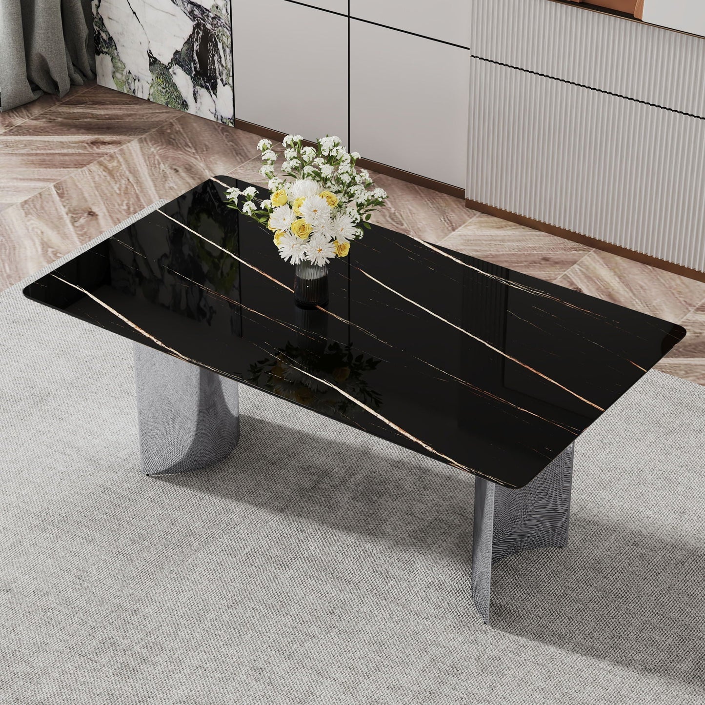 Modern Minimalist Dining Table with Imitation Marble Glass Top and Metal Legs
