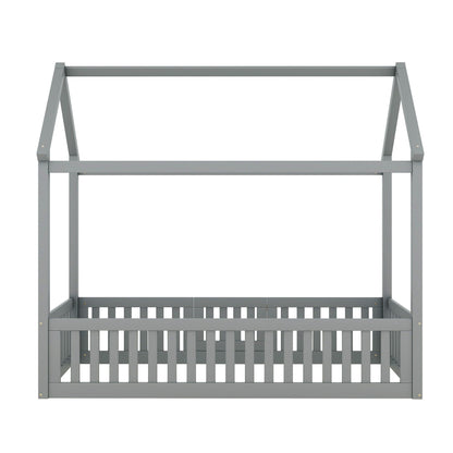 Wood House Bed With Fence And Door