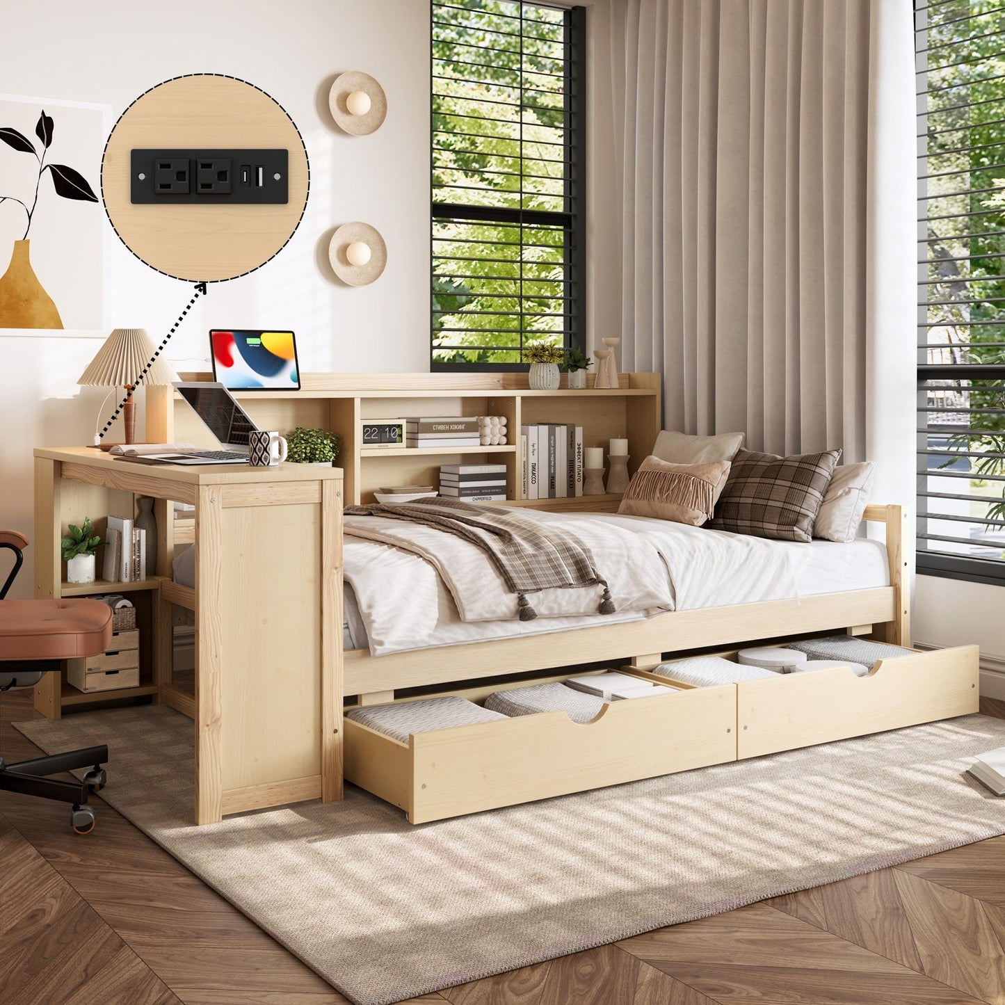 Corner Daybed With Storage Drawers, Desk, Charging Port & Bookcase
