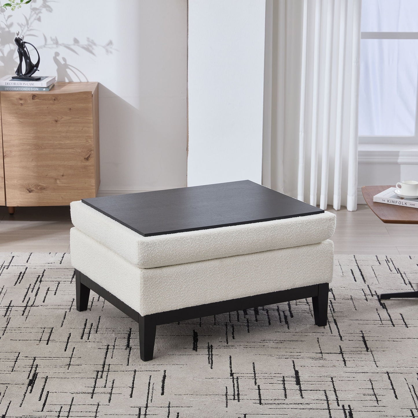 Upholstered Storage Ottoman With Reversible Lid Coffee Table With Rubberwood Legs