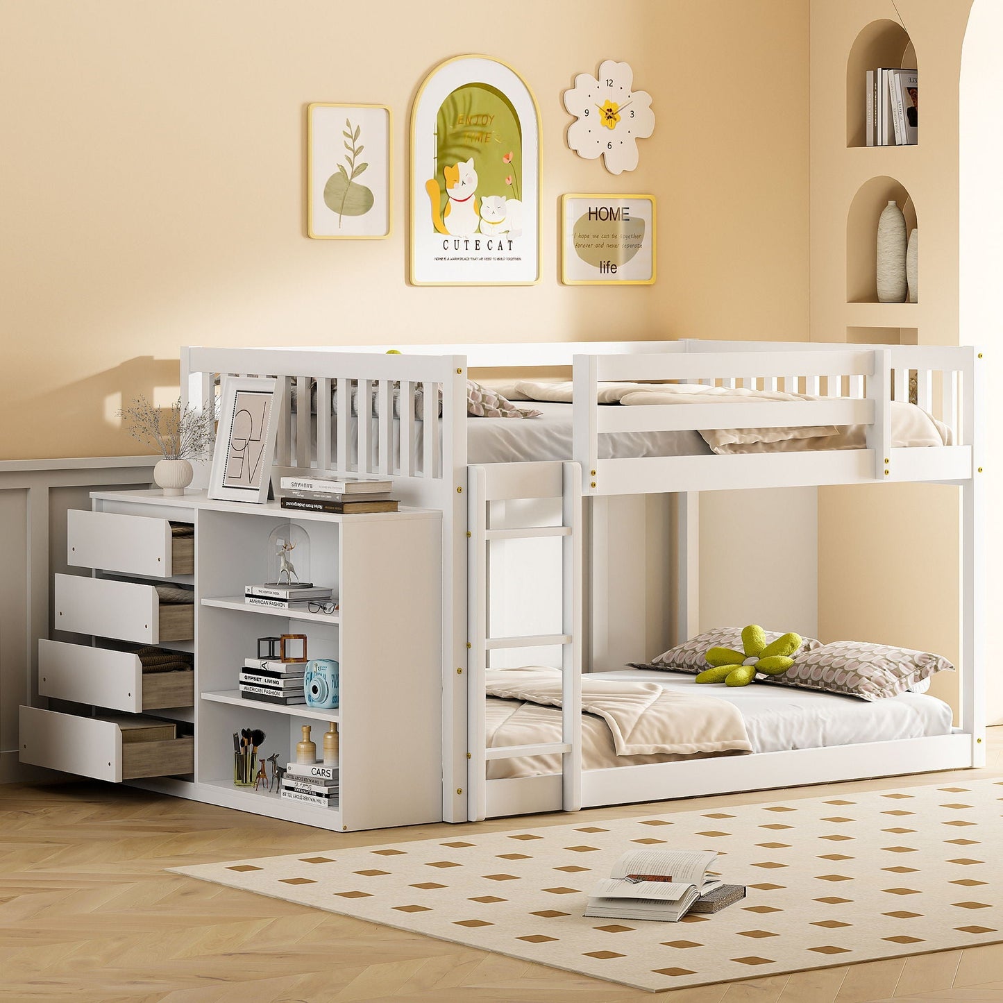Bunk Bed With 4 Drawers and 3 Shelves