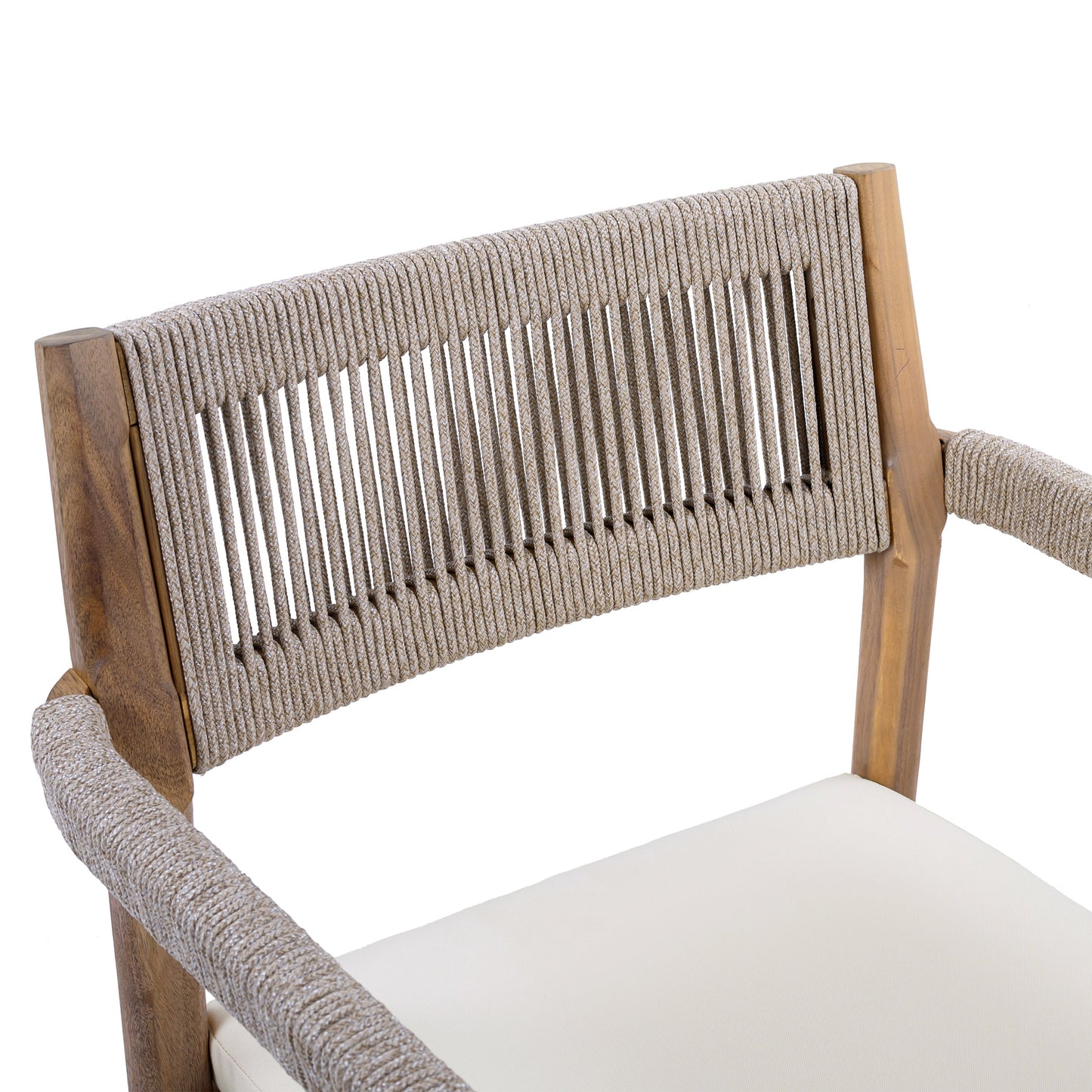 Braided Acacia Wood Outdoor Dining Chairs Set of 2 – Teak Look with Beige Rope & Cream Cushions