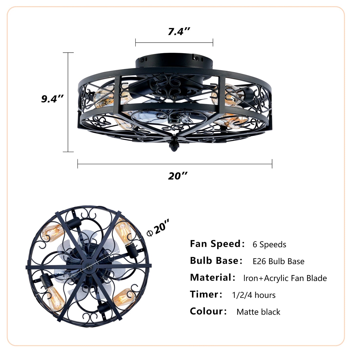20" Mounting Type Ceiling Fan with Reversible Motor and Remote Control