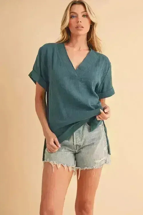 Side Slit V-Neck Blouse - Chic 100% Cotton Top | Femstylo