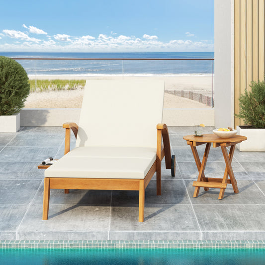 Outdoor Recliner Side Table Set with Acacia Wood and Adjustable Chaise Lounge